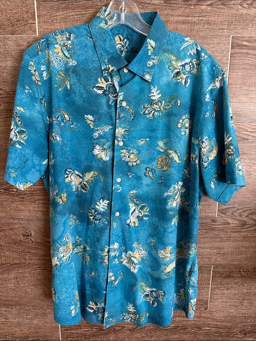 Tasso Elba Teal Floral Short-Sleeve Button-Down Shirt